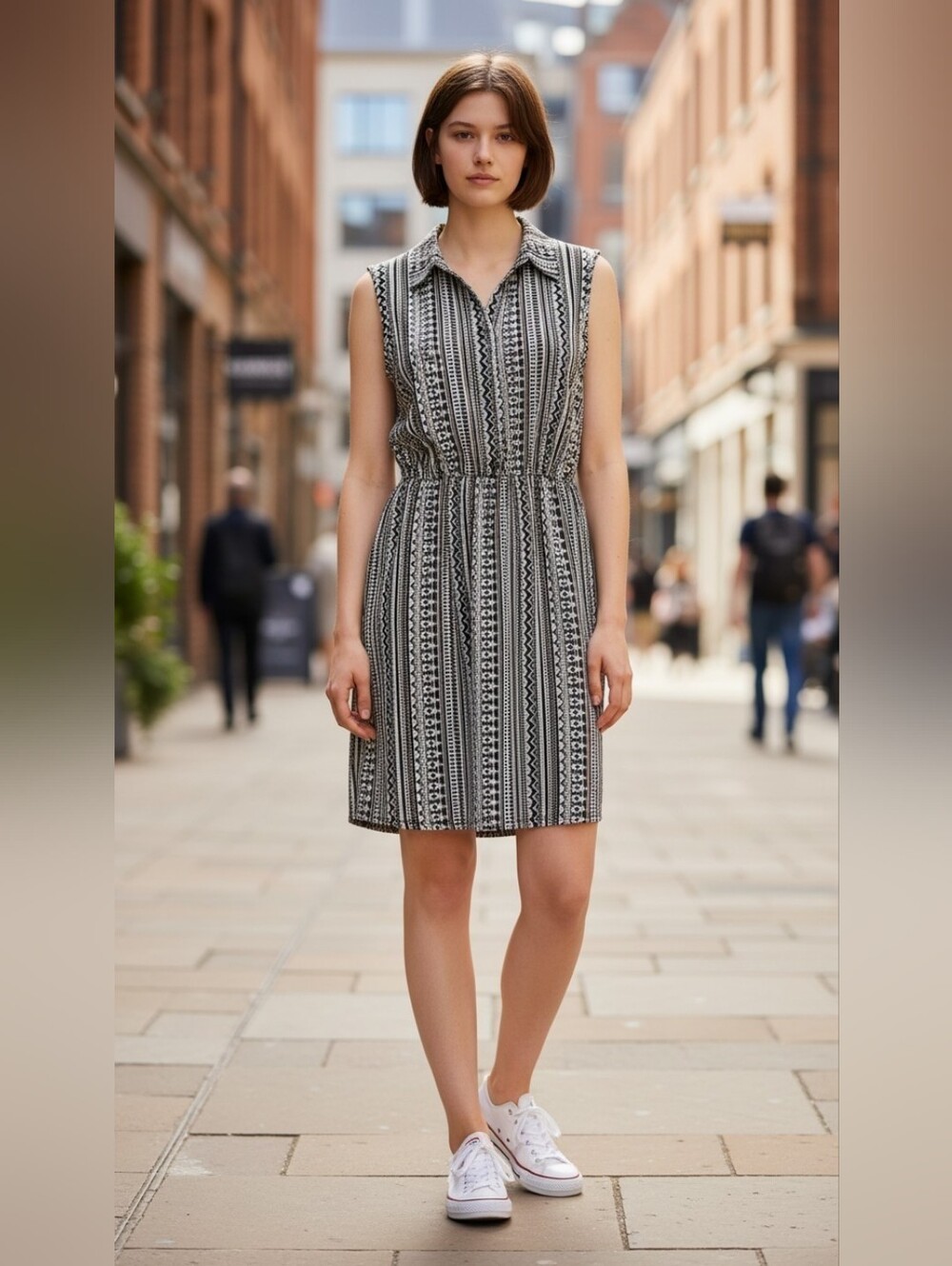 Nwt Robert Louis Black, Brown & White Sleeveless Printed Collared Mini Dress